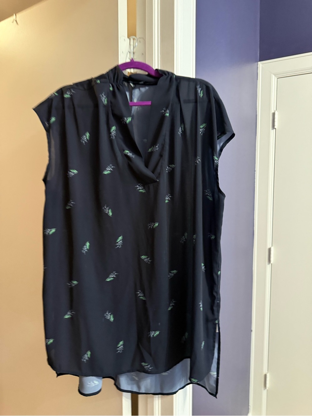 Eloquii Navy Cap-Sleeve Blouse with Green Floral Motif